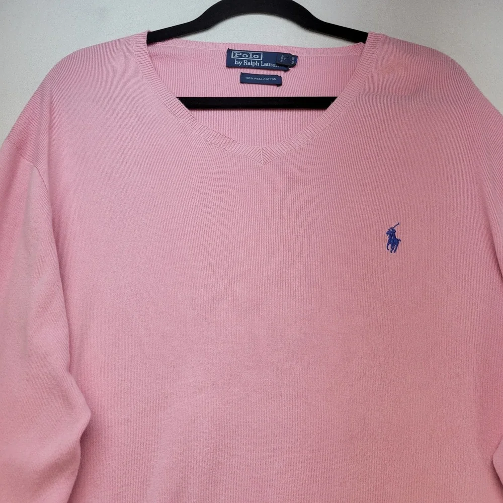 Polo Ralph Lauren V-Neck Sweater Mens Large Pink Pima Cotton Preppy Logo